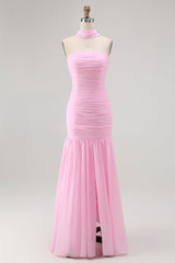 Blush Trägerloses Gerafftes Langes Brautjungfernkleid mit Schlitz