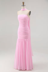 Blush Trägerloses Gerafftes Langes Brautjungfernkleid mit Schlitz