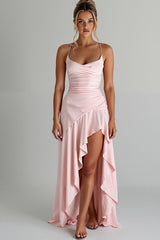 Gerüschte Hoch Niedrig Spaghettiträger Hellrosa Abendkleid aus Chiffon