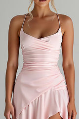 Gerüschte Hoch Niedrig Spaghettiträger Hellrosa Abendkleid aus Chiffon