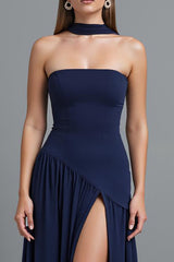 Dunkelblaues Trägerloses Abendkleid mit Schlitz