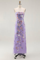 Trägerloses Lila Blumen Etui Ballkleid mit Perlen