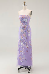 Trägerloses Lila Blumen Etui Ballkleid mit Perlen