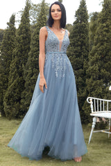 A-Linie Langes blaues Ballkleid mit Applikationen