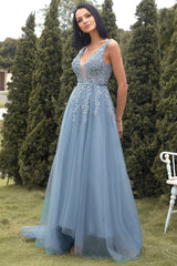 A-Linie Langes blaues Ballkleid mit Applikationen