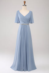 A-Linie Chiffon Staubblaues langes Brautjungfernkleid mit perlenbesetzter Taille
