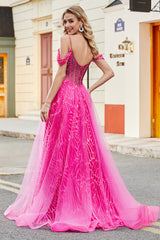 A-Linie Kalter Schulter Funkelndes Hot Pink Korsett Ballkleid mit Perlen