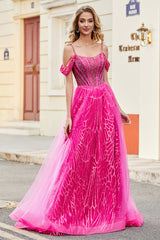A-Linie Kalter Schulter Funkelndes Hot Pink Korsett Ballkleid mit Perlen