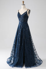 A-Linie marineblaues Spaghettiträger langes Ballkleid mit Schlitz
