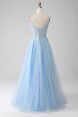 A-Linie Hellblaues Korsett Ballkleid mit Applikationen