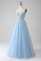 A-Linie Hellblaues Korsett Ballkleid mit Applikationen