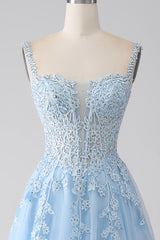 A-Linie Hellblaues Korsett Ballkleid mit Applikationen