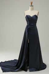 A-Linie Herzausschnitt Marine Langes Ballkleid mit Schlitz