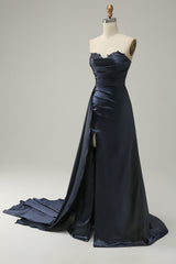 A-Linie Herzausschnitt Marine Langes Ballkleid mit Schlitz