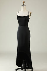 Spaghettiträger Schwarzes Satin Ballkleid mit Fransen