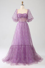 A-Linie Lila Korsett Ballkleid mit quadratischem Ausschnitt und halben Ärmeln