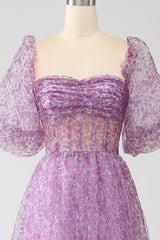 A-Linie Lila Korsett Ballkleid mit quadratischem Ausschnitt und halben Ärmeln