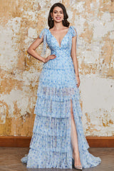 Prinzessin A Linie V-Ausschnitt Blaues langes Ballkleid mit Rüschen und schlitz
