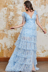 Prinzessin A Linie V-Ausschnitt Blaues langes Ballkleid mit Rüschen und schlitz