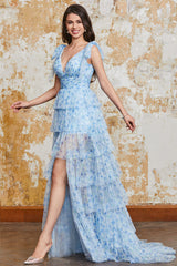 Prinzessin A Linie V-Ausschnitt Blaues langes Ballkleid mit Rüschen und schlitz