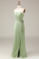 A-Linie Matcha trägerloses Korsett aus Satin Brautjungfernkleid mit Schlitz