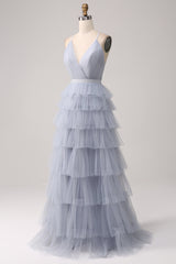 Graues blaues A-Linie Rückenfreies langes Ballkleid aus Tüll