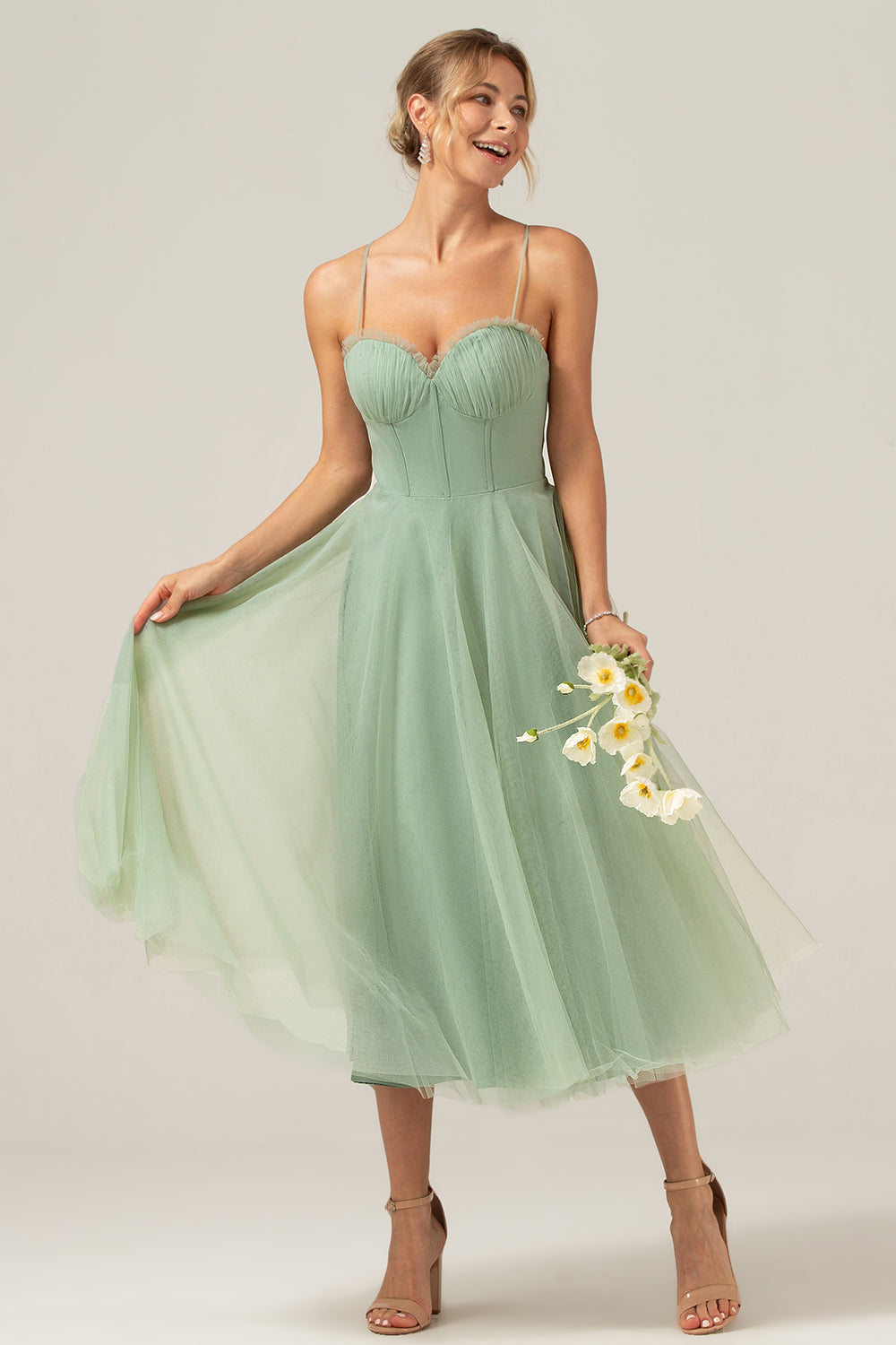 ZAPAKA Damen Matcha Brautjungfernkleid A-Linie Spaghettiträger Tee-Länge Korsett Tüll Hochzeitsgastkleid