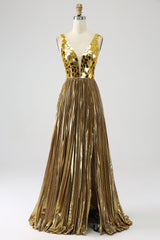 Funkelndes A Linie Goldenes langes Ballkleid mit tiefem V-Ausschnitt und Schlitz