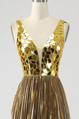 Funkelndes A Linie Goldenes langes Ballkleid mit tiefem V-Ausschnitt und Schlitz
