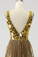 Funkelndes A Linie Goldenes langes Ballkleid mit tiefem V-Ausschnitt und Schlitz