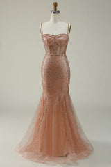 Meerjungfrau Spaghetti Träger Blush Pailletten langes Ballkleid