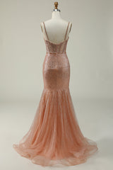 Meerjungfrau Spaghetti Träger Blush Pailletten langes Ballkleid
