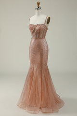 Meerjungfrau Spaghetti Träger Blush Pailletten langes Ballkleid
