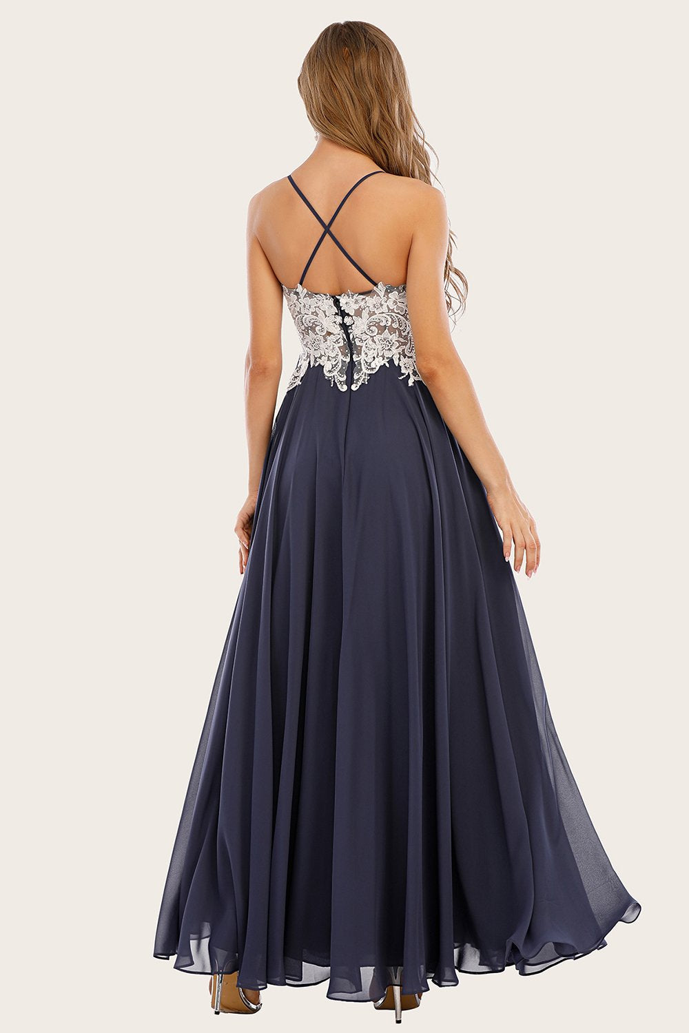 Dusty Blau Langes Chiffon Ballkleid mit Spitze