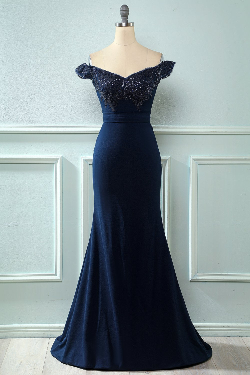 Off Shoulder Pailletten Meerjungfrau Abschlussball Kleid