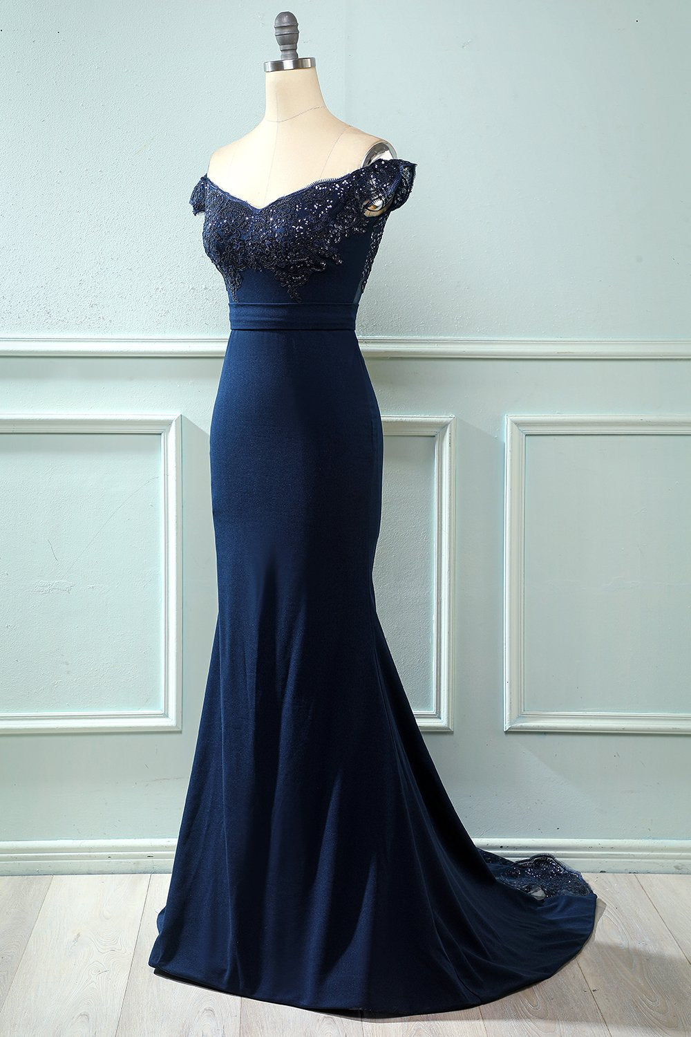 Off Shoulder Pailletten Meerjungfrau Abschlussball Kleid