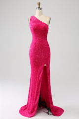 Mermaid Eine Schulter Fuchsia Pailletten Langes Ballkleid mit Schlitz