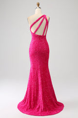 Mermaid Eine Schulter Fuchsia Pailletten Langes Ballkleid mit Schlitz