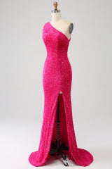 Mermaid Eine Schulter Fuchsia Pailletten Langes Ballkleid mit Schlitz