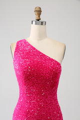 Mermaid Eine Schulter Fuchsia Pailletten Langes Ballkleid mit Schlitz