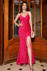 Glitzerndes Langes Meerjungfrauen fuchsia Spaghettiträger V-Ausschnitt Pailletten Ballkleid mit Schlitz