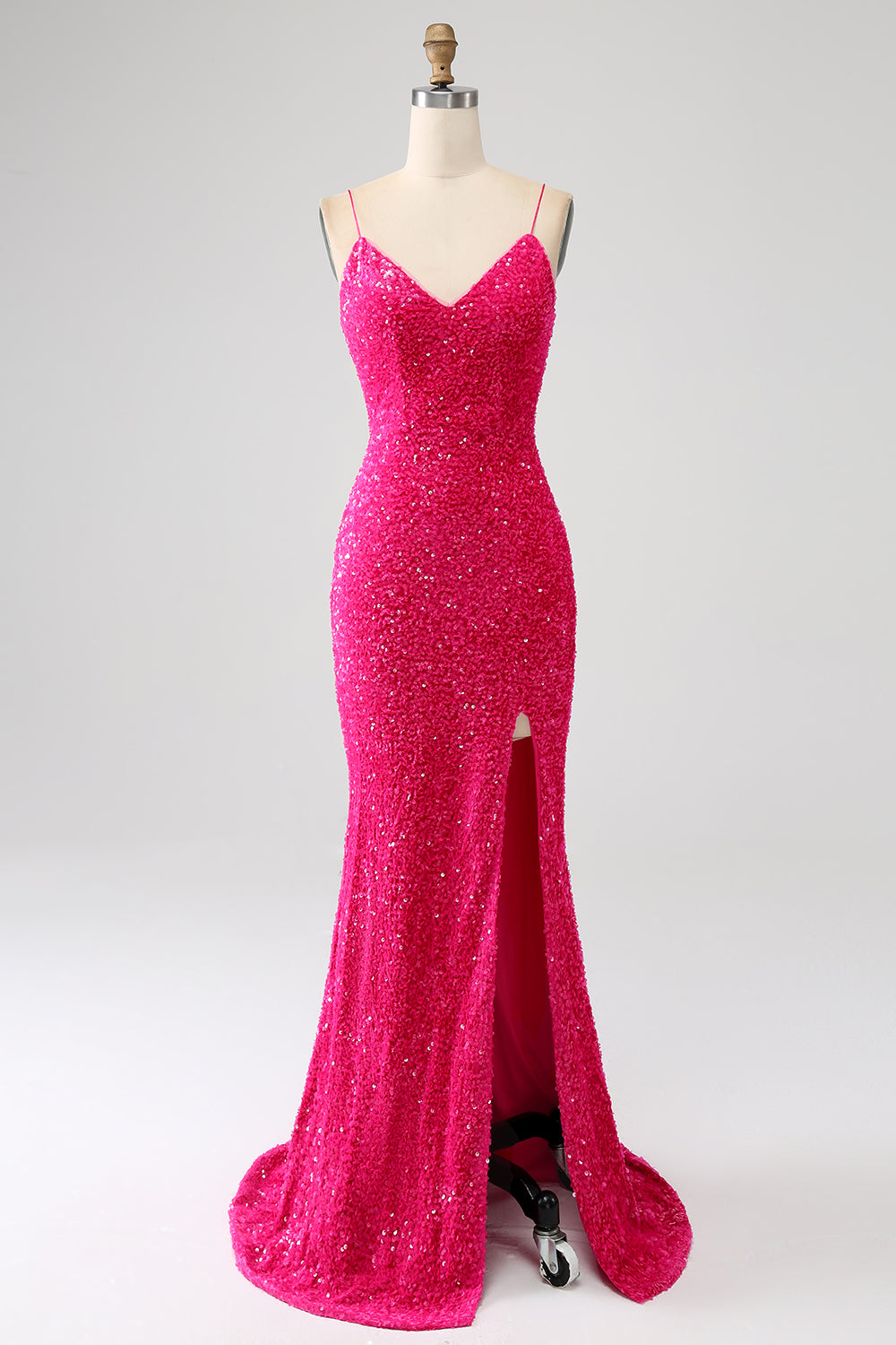 Glitzerndes Langes Meerjungfrauen fuchsia Spaghettiträger V-Ausschnitt Pailletten Ballkleid mit Schlitz