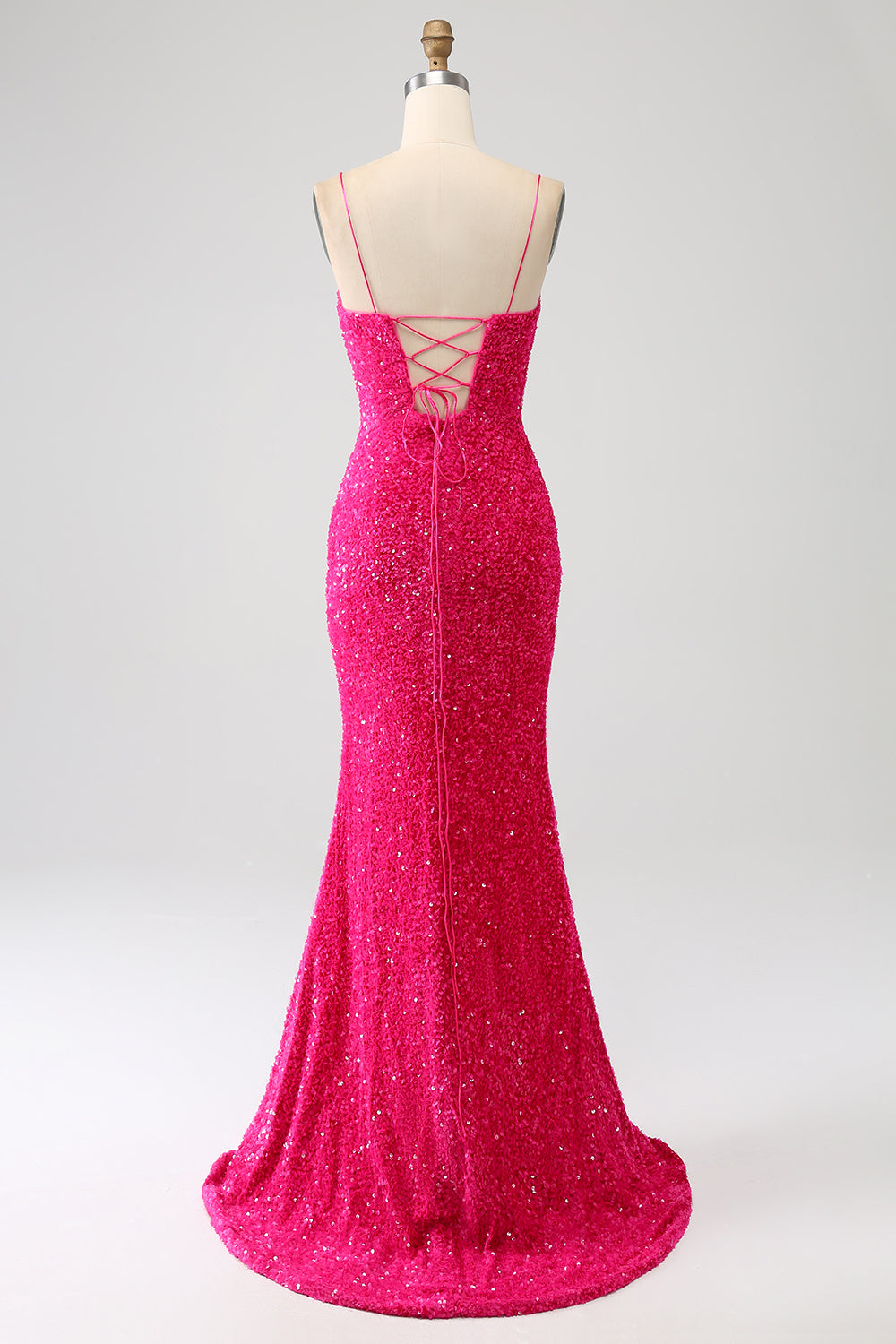 Glitzerndes Langes Meerjungfrauen fuchsia Spaghettiträger V-Ausschnitt Pailletten Ballkleid mit Schlitz