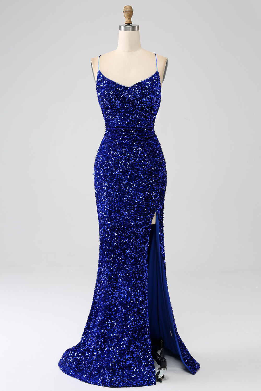 Glitzerndes Langes Meerjungfrauen fuchsia Spaghettiträger V-Ausschnitt Pailletten Ballkleid mit Schlitz