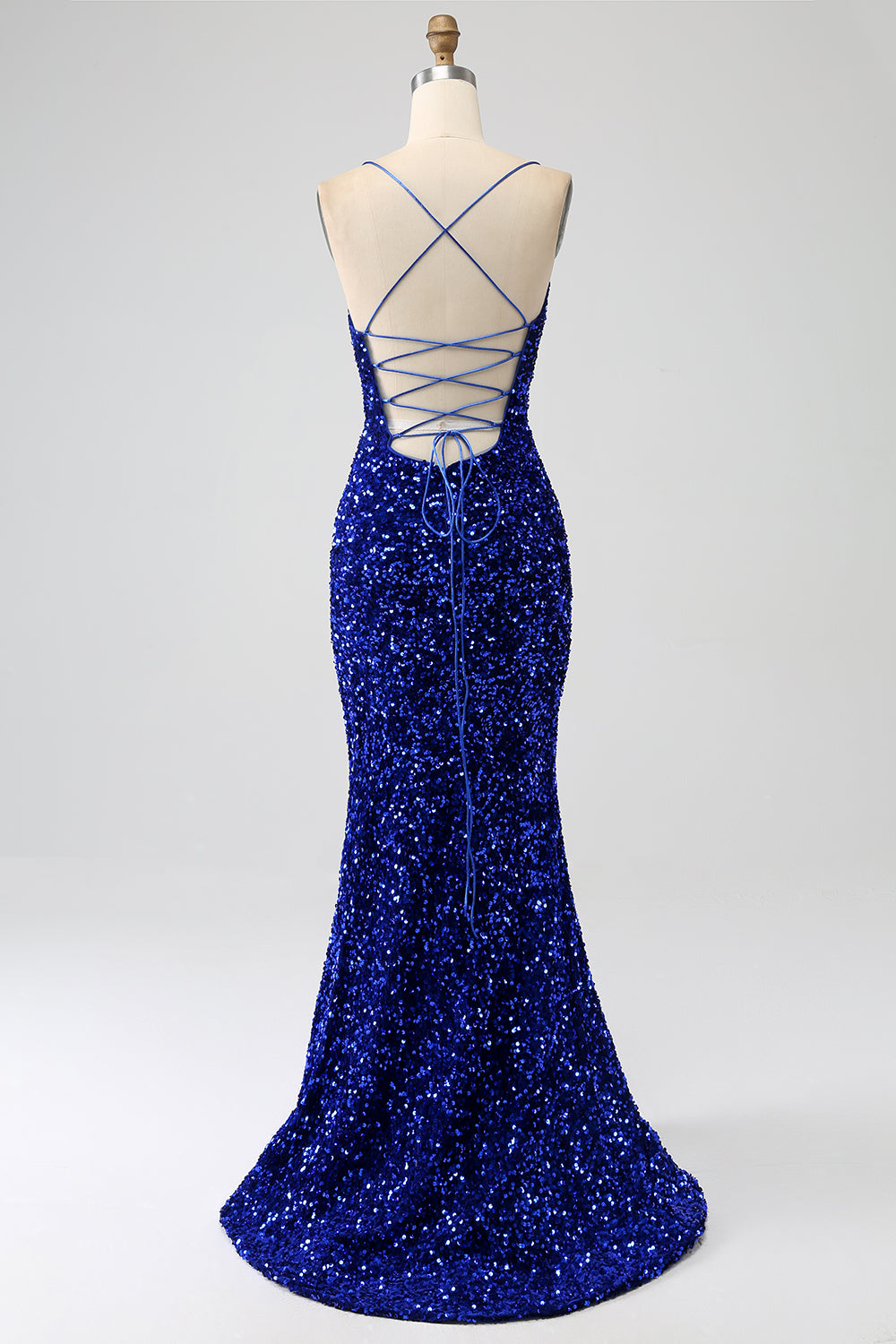 Glitzerndes Langes Meerjungfrauen fuchsia Spaghettiträger V-Ausschnitt Pailletten Ballkleid mit Schlitz