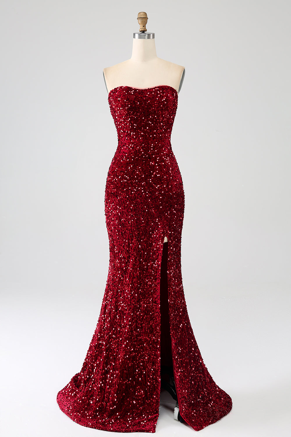 Rotes trägerloses Pailletten langes Meerjungfrauen Ballkleid mit Schlitz
