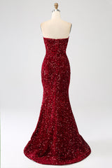 Rotes trägerloses Pailletten langes Meerjungfrauen Ballkleid mit Schlitz