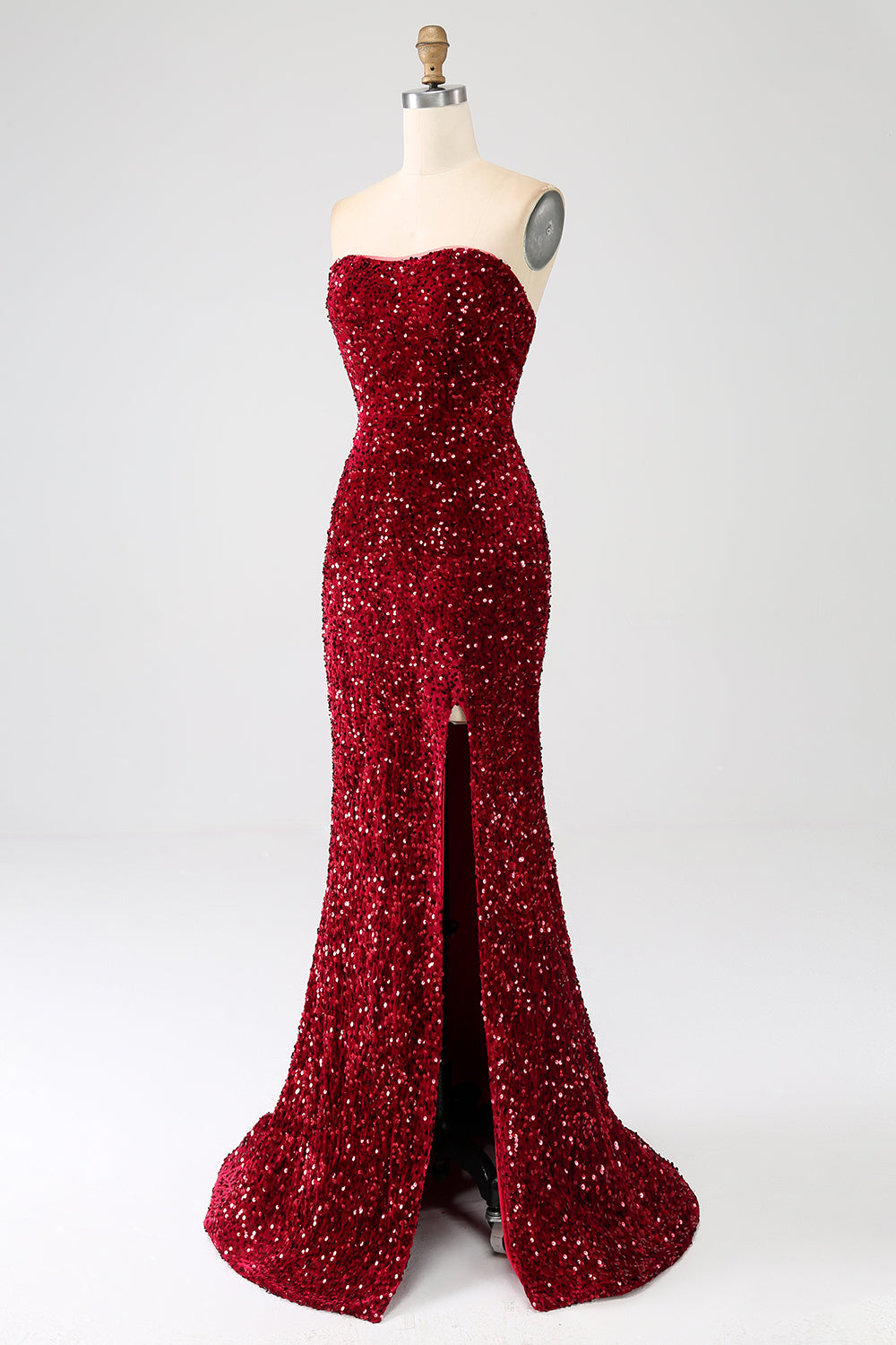 Rotes trägerloses Pailletten langes Meerjungfrauen Ballkleid mit Schlitz