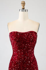 Rotes trägerloses Pailletten langes Meerjungfrauen Ballkleid mit Schlitz