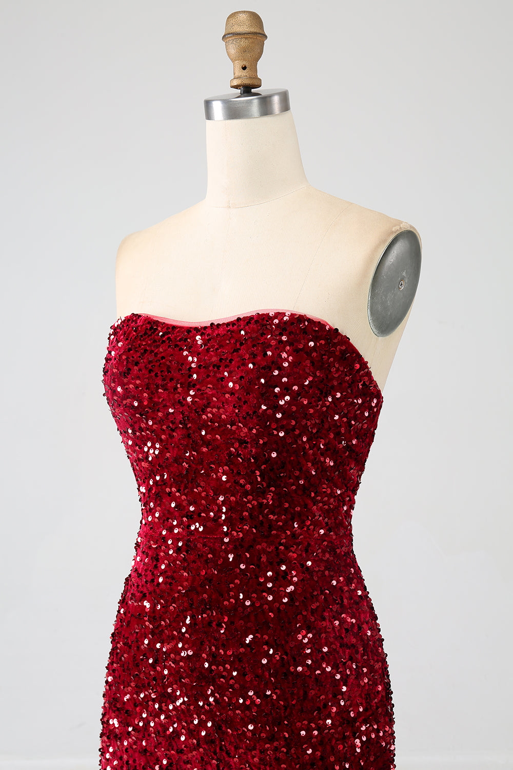 Rotes trägerloses Pailletten langes Meerjungfrauen Ballkleid mit Schlitz